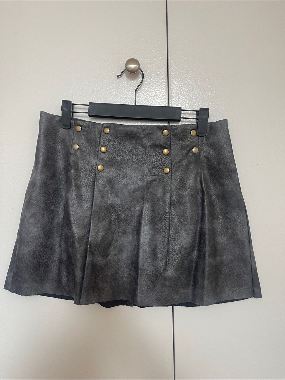 Anthropologie Black Faux Leather Pleated Mini Skirt with Gold Buttons